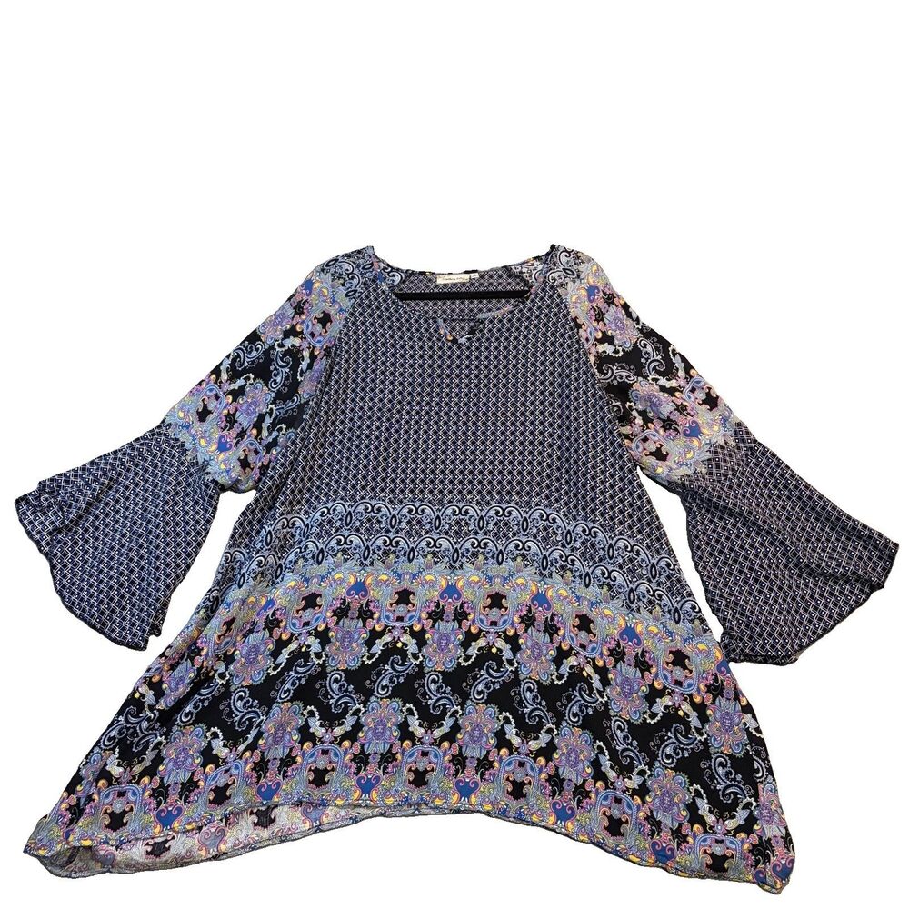 Southern Stitch Paisley Mixed Print Boho Bell Sleeve Tunic Top Womens Size XL